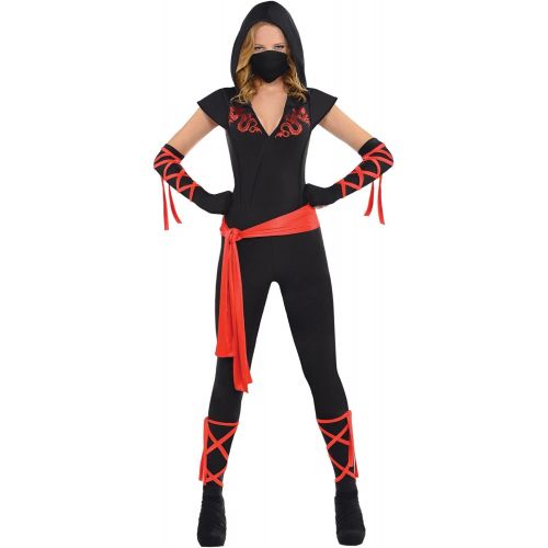  amscan Dragon Fighter Ninja Halloween Costume for Adults Hooded Jumpsuit, Mask, Waist Sash, Gloves