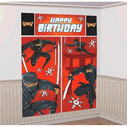  amscan Action Packed Ninja Scene Setters Wall Decorating Kit, Red/Black, 59 x 65