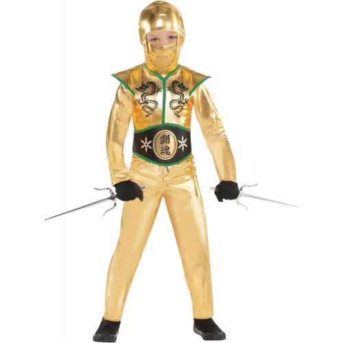 Amscan Gold Fighter Ninja Costume for Boys, Includes a Jumpsuit, a Hood, a Face Scarf, and a Belt