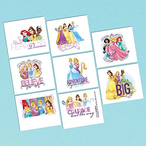  Amscan Disney Princess Sparkle Tattoos Birthday Party Favour (16 Pack), Multi Color, 2 x 1 3/4.