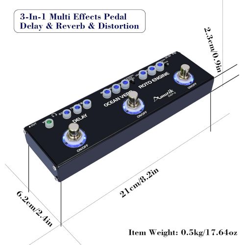  Amuzik Guitar Pedal Multi Effect for Electric Guitar Multi Combined Effects Delay Roto Engine Ocean Verb 3 Type Pedal True Bypass with Adapter DAP-3