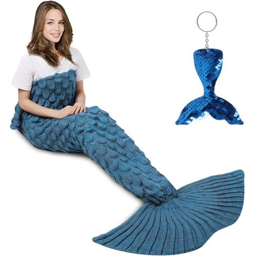  [아마존베스트]Mermaid Tail Blanket, Amyhomie Mermaid Blanket Adult Mermaid Tail Blanket, Crotchet Kids Mermaid Tail Blanket for Girls (Light-ScaleBlue, Adults)