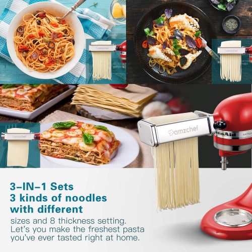  Amzchef Pasta Maker Attachment for Kitchenaid Stand Mixer Pasta Cutter Set 3 Pcs Stainless Steel Pasta Maker Accessories, Including Durable Pasta Roller, Spaghetti Cutter, Fettuccine Cutte