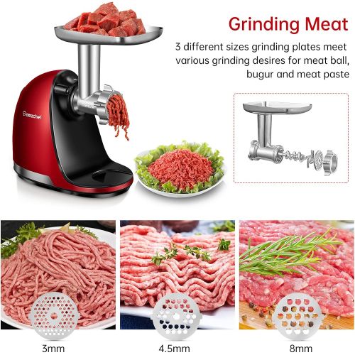  Metal Food Grinder Attachment for AMZCHEF Slow Juicers ZM1501&GM3001-Stainless Steel Accessories includes 3 Sausage Stuffer Tubes, 3 Grinding Blades&Plates and 1 Cleaning Brush, Ru