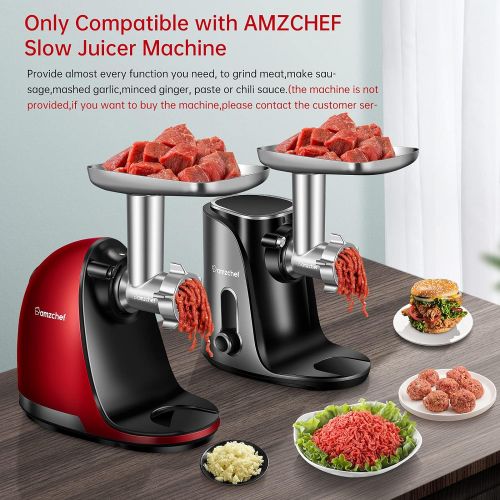  Metal Food Grinder Attachment for AMZCHEF Slow Juicers ZM1501&GM3001-Stainless Steel Accessories includes 3 Sausage Stuffer Tubes, 3 Grinding Blades&Plates and 1 Cleaning Brush, Ru
