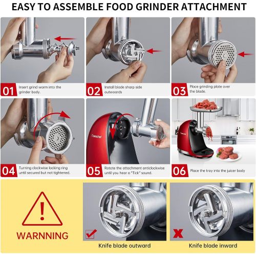  Metal Food Grinder Attachment for AMZCHEF Slow Juicers ZM1501&GM3001-Stainless Steel Accessories includes 3 Sausage Stuffer Tubes, 3 Grinding Blades&Plates and 1 Cleaning Brush, Ru