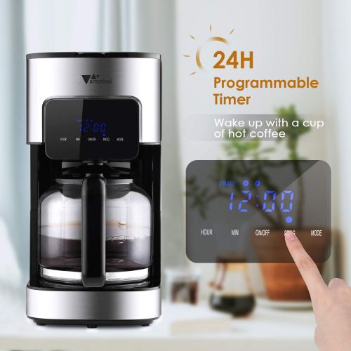  Amzdeal Kaffeemaschine - Filterkaffeemaschine Mit Timer Warmhaltefunktion Und Anti-Drip-Funktion Warmhalteplatte Abschaltautomatik LED-Anzeige 1-12 Tassen Edelstahl