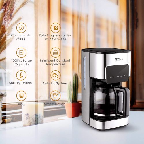  Amzdeal Kaffeemaschine - Filterkaffeemaschine Mit Timer Warmhaltefunktion Und Anti-Drip-Funktion Warmhalteplatte Abschaltautomatik LED-Anzeige 1-12 Tassen Edelstahl