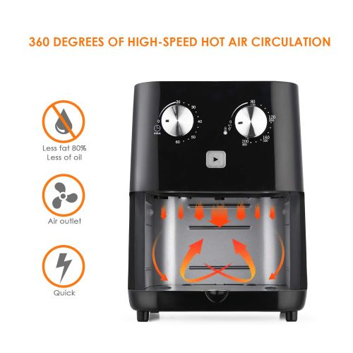  Amzdeal Hot Air Fryer - Multifunctional Deep Fryer with Adjustable Temperature & Timer, 3D Circulation System and Short Heating Time, Adjustable Thermostat 80° - 200°, Black