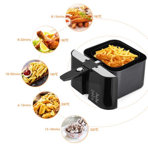  Amzdeal Hot Air Fryer - Multifunctional Deep Fryer with Adjustable Temperature & Timer, 3D Circulation System and Short Heating Time, Adjustable Thermostat 80° - 200°, Black