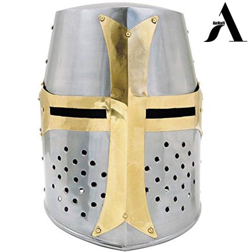  AnNafi Crusader Helmet| Medieval Metal Knight Helmets|Premium Quality with Fitted Leather Liner | Dark Crusades Helmet Wearable for Adult | Medieval Costumes