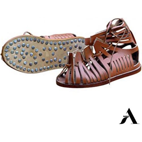  AnNafi Mens Gladiator Leather Sandal | Roman Centurian Brown Caligae|Medieval Greek Soldier Sandles| Ancient Costume Footwear