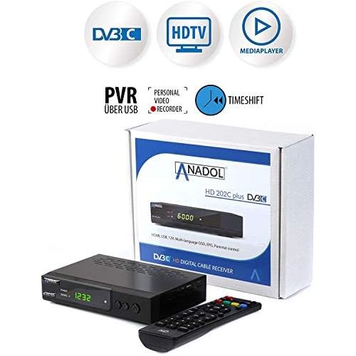  Anadol HD 202c Plus PVR Recording Function Timeshift, Digital Full HD 1080p Cable Receiver for Digital Cable TV (HDTV, DVB C / C2, HDMI, SCART, Media Player, USB 2.0)