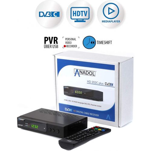  Anadol HD 202c Plus PVR Recording Function Timeshift, Digital Full HD 1080p Cable Receiver for Digital Cable TV (HDTV, DVB C / C2, HDMI, SCART, Media Player, USB 2.0)