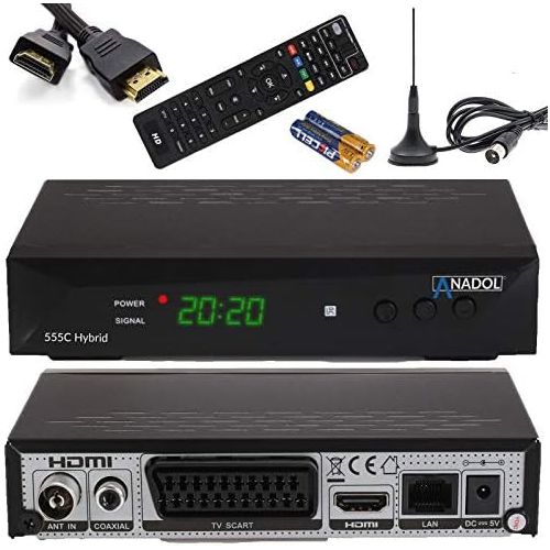  Anadol HD 555c Cable Receiver & DVB T Receiver with AAC LC Audio, PVR Recording Function Timeshift DVB T2, DVB C for Cable TV, USB SCART + Learning Remote Control + HDMI Cable +