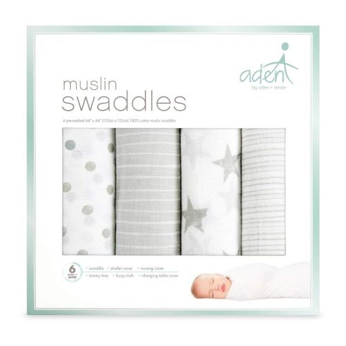  Anais aden + anais 4 Pack Swaddle Blankets, 47x47, Dusty Gray - 100% Cotton