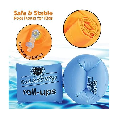  Kids Arm Floaties - Inflatable Arm Bands for Pool with Pump & Cute Donut Cup Holders for Toddlers & Ages 3-5 & 6-12. Durable PVC Water Wings in Fashion Blue Pink Orange Colors