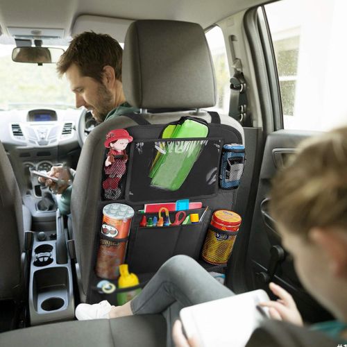  [아마존 핫딜] Anban anban Car Backseat Organizer with 10 Inch Tablet Holder + 9 Storage Pockets Kick Mats Back Seat Protector for Book Drink Toy Bottle, Travel Accessories for Kids Toddlers Black (2 P