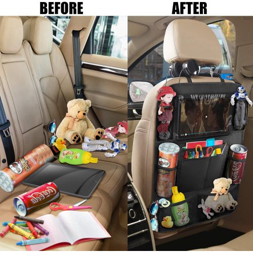  [아마존 핫딜] Anban anban Car Backseat Organizer with 10 Inch Tablet Holder + 9 Storage Pockets Kick Mats Back Seat Protector for Book Drink Toy Bottle, Travel Accessories for Kids Toddlers Black (2 P