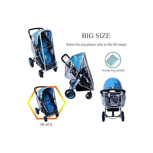  Baby Stroller Rain Cover Umbrella Weather Shield Accessories Universal Size Protect from Rain Wind Snow Dust Water Proof Ventilate Clear Food Grade Materia EVA Plastic Zipper Black (Large)