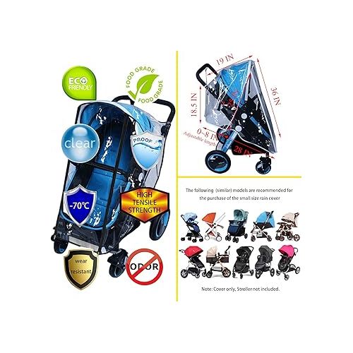  Baby Stroller Rain Cover Umbrella Weather Shield Accessories Universal Size Protect from Rain Wind Snow Dust Water Proof Ventilate Clear Food Grade Materia EVA Plastic Zipper Black (Large)