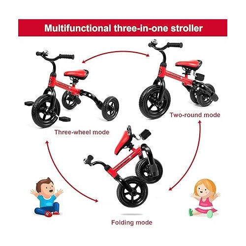  Ancaixin 3 in 1 Toddler Tricycles for 2-5 Years Old Boys and Girls with Detachable Pedal and Bell | Foldable Baby Balance Bike Riding Toys for Kids | Infant Birthday New Year Red