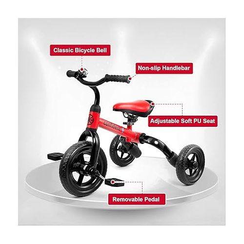  Ancaixin 3 in 1 Toddler Tricycles for 2-5 Years Old Boys and Girls with Detachable Pedal and Bell | Foldable Baby Balance Bike Riding Toys for Kids | Infant Birthday New Year Red