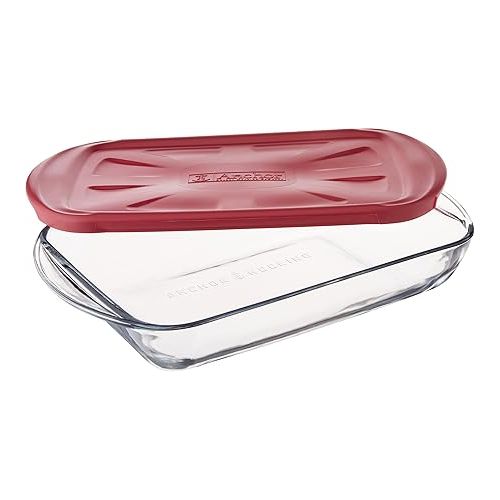  Anchor Hocking Glass Baking Dishes for Oven with Casserole Carrier, 4 Piece Set (3 Quart Glass Baking Dish, Red Lid, Red Thermal Carrier, and Hot/Cold Pack)