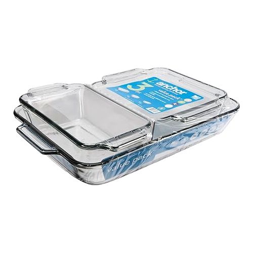  Anchor Hocking Glass Baking Dishes for Oven, 3 Piece Set (3 Qt Glass Casserole Dish, Cake Pan, and Bread Pan)