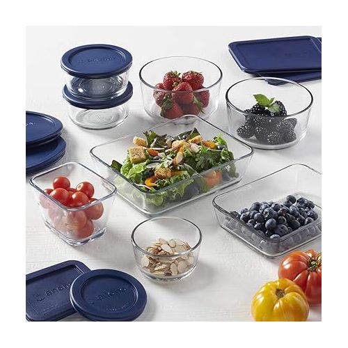 Anchor Hocking 16 Piece Glass Storage Containers with Lids (8 Glass Food Storage Containers & 8 Navy Blue SnugFit Lids)