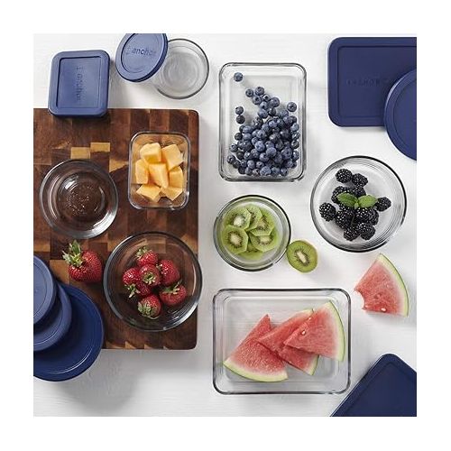  Anchor Hocking 16 Piece Glass Storage Containers with Lids (8 Glass Food Storage Containers & 8 Navy Blue SnugFit Lids)