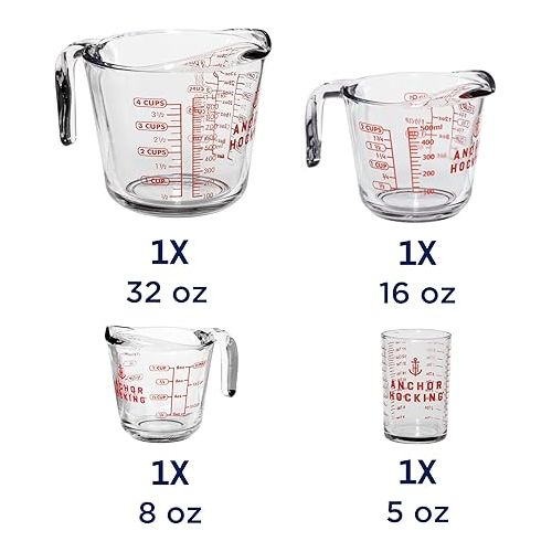  Anchor Hocking Glass Measuring Cups, 4 Piece Set (5 Ounce, 1 Cup, 2 Cup, 4 Cup liquid measuring cups)