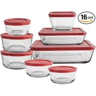 Anchor Hocking 16 Piece Glass Storage Containers with Lids (8 Glass Food Storage Containers & 8 Red SnugFit Lids)