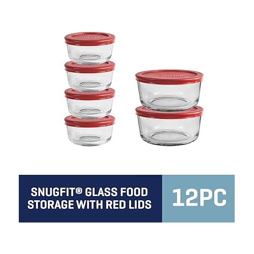  Anchor Hocking 12 Piece Glass Storage Containers with Lids (6 Glass Food Storage Containers & 6 Red SnugFit Lids)