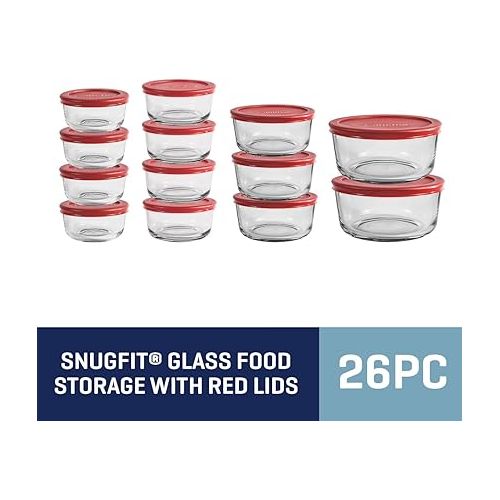 Anchor Hocking 26 Piece Glass Storage Containers with Lids (13 Glass Food Storage Containers & 13 Red SnugFit Lids)