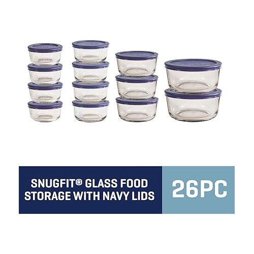  Anchor Hocking 26 Piece Glass Storage Containers with Lids (13 Glass Food Storage Containers & 13 Navy Blue SnugFit Lids)