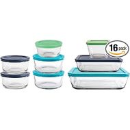Anchor Hocking 16 Piece Glass Storage Containers with Lids (8 Glass Food Storage Containers & 8 Mixed Blue SnugFit Lids)