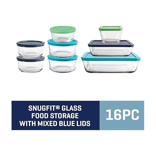  Anchor Hocking 16 Piece Glass Storage Containers with Lids (8 Glass Food Storage Containers & 8 Mixed Blue SnugFit Lids)