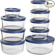 Anchor Hocking 18 Piece Glass Storage Containers with Lids (9 Glass Food Storage Containers & 9 Navy Blue SnugFit Lids)