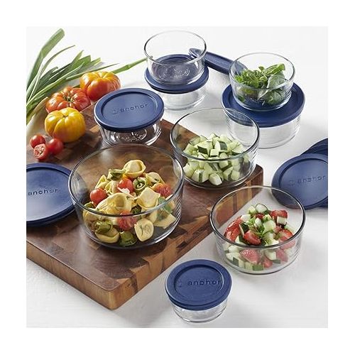  Anchor Hocking 18 Piece Glass Storage Containers with Lids (9 Glass Food Storage Containers & 9 Navy Blue SnugFit Lids)