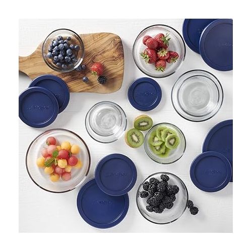  Anchor Hocking 18 Piece Glass Storage Containers with Lids (9 Glass Food Storage Containers & 9 Navy Blue SnugFit Lids)