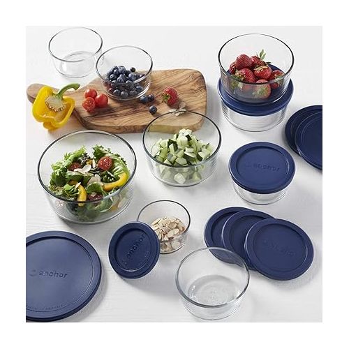  Anchor Hocking 18 Piece Glass Storage Containers with Lids (9 Glass Food Storage Containers & 9 Navy Blue SnugFit Lids)