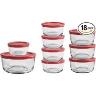 Anchor Hocking 18 Piece Glass Storage Containers with Lids (9 Glass Food Storage Containers & 9 Red SnugFit Lids)