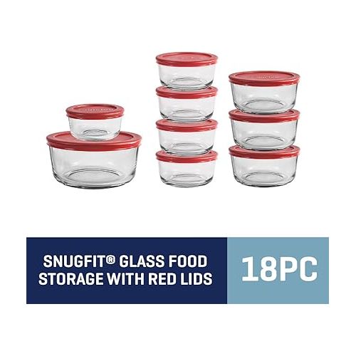  Anchor Hocking 18 Piece Glass Storage Containers with Lids (9 Glass Food Storage Containers & 9 Red SnugFit Lids)