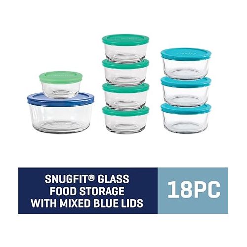  Anchor Hocking 18 Piece Glass Storage Containers with Lids (9 Glass Food Storage Containers & 9 Mixed Blue SnugFit Lids)