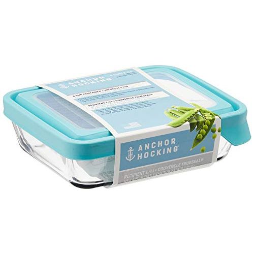  Anchor Hocking TrueSeal Glass Food Storage Containers with Mineral Blue Airtight Lids, 6 Cup Rectangle, Set of 4: Kitchen & Dining