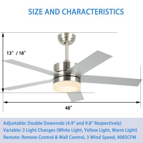  Andersonlight Modern Ceiling Fan with LED Light & Remote Control, Brushed Nickel, 48-Inch