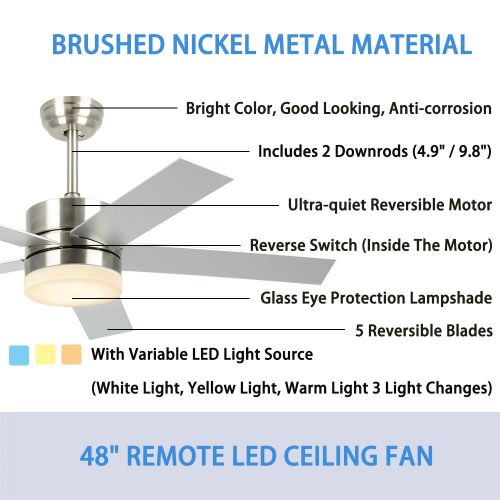  Andersonlight Modern Ceiling Fan with LED Light & Remote Control, Brushed Nickel, 48-Inch