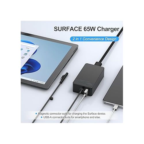  65W Surface Pro Laptop Charger-Microsoft Surface Pro Charger for Windows Surface Laptop 6,5,4,3,2,1,Microsoft Surface Pro10,9,8,7+,7,6,5,4,3,X,Surface Book3,2,1,Surface Go Tablet,Support 44W,36W, 10FT