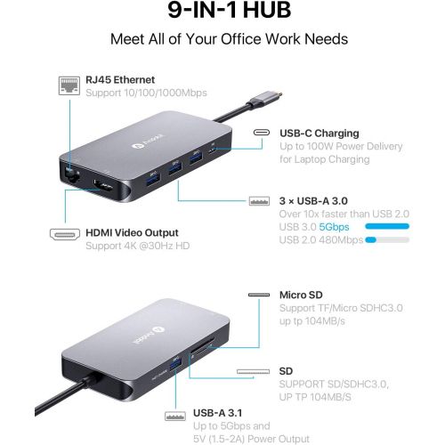  Andobil andobil USB C Hub, 9 in 1 Aluminum Multiport USB C to HDMI Adapter with Type C Charging Port, Ethernet Port, USB 3.0 Ports, Micro SDSD, Portable for Mac Pro and Other Type C Lapto
